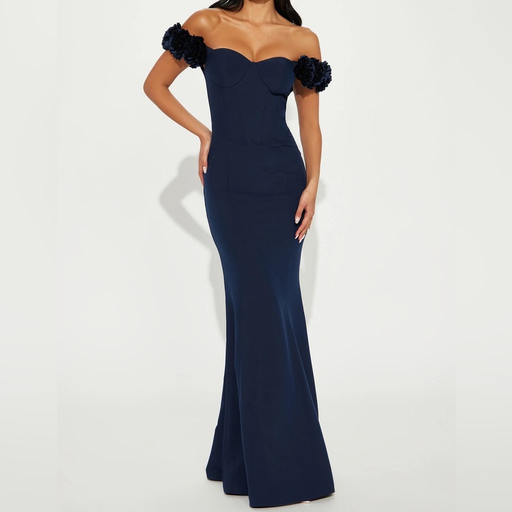 Fashion Nova Navy Off-Shoulder Mermaid Gown with Floral Sleeves large